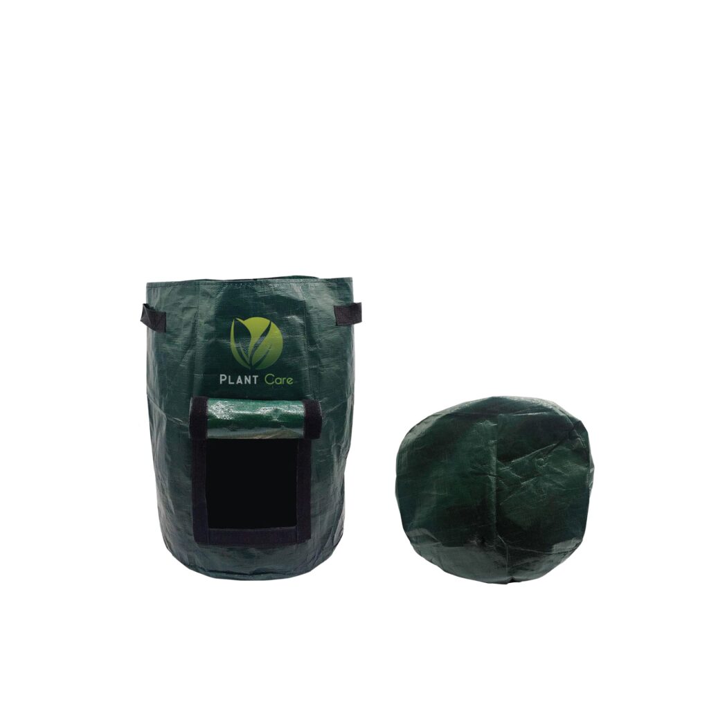 10x12 inch olive green heavy-duty potato grow bag with harvest window shown front and top view